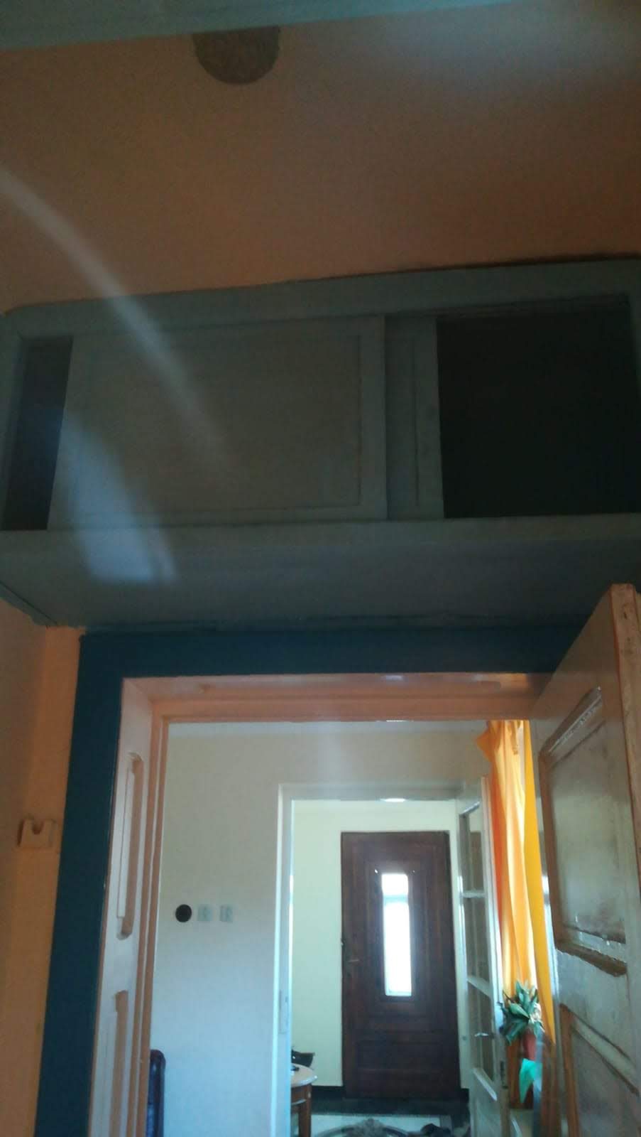 Holul de intrare vazut din interior, cu covor si usa de lemn
